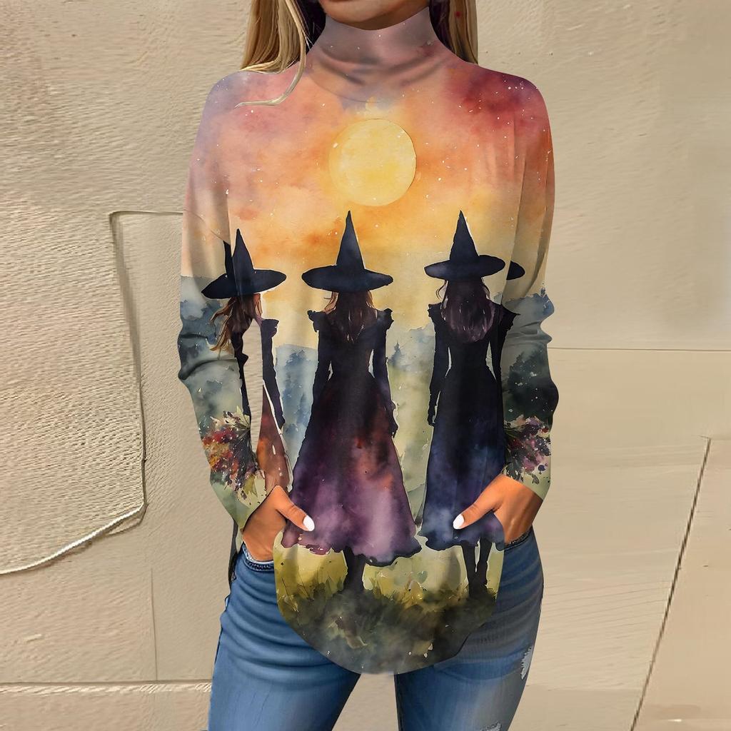 Dam Lös Höghalsad Tryckt Långärmad T-shirt Topp Pullover För Halloween
