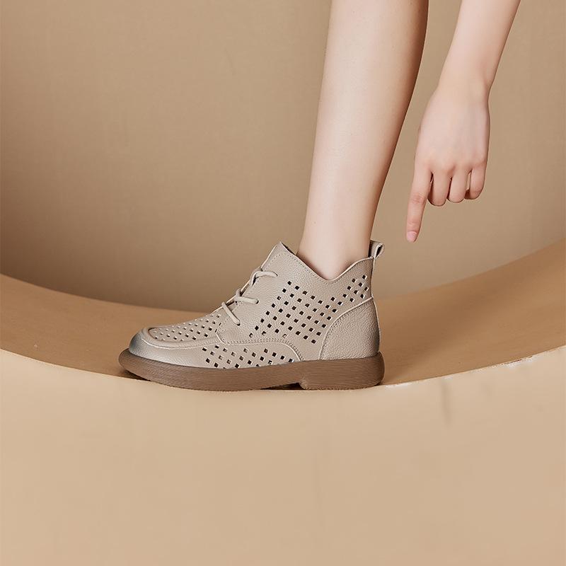 First Layer Cowhide Spring Authentic Leather Hollow Out Women's Lace-up Women's Leather Boots Large Size Casual Shoes