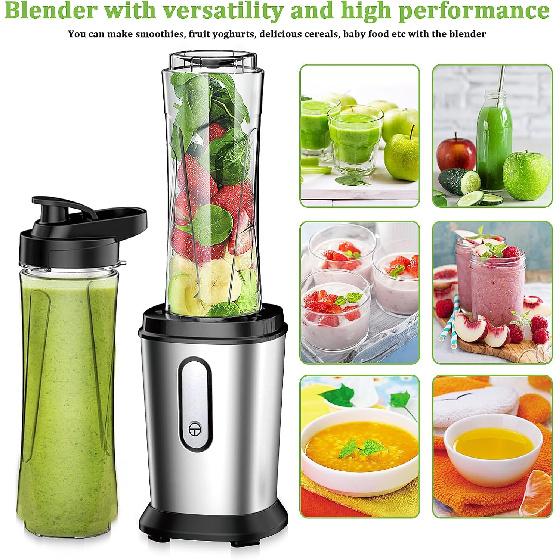 Electric Smoothie Blender, Powerful Small Blender with 2 Portable 20oz Tritan blender Bottles, BPA-Free with 4 Stainless Steel Blades, Mixer Smoothie