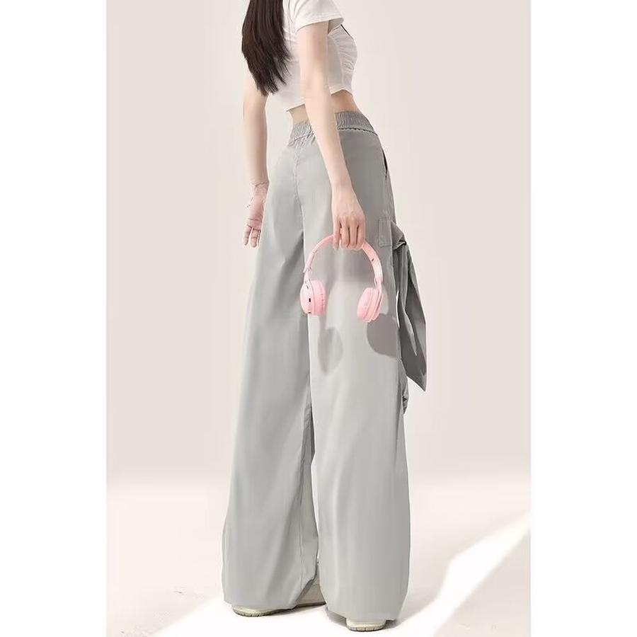 Design Butterfly Bow Gray Workwear Casual Pants Women Summer New Style High Waist Loose Wide Leg Pants Women
