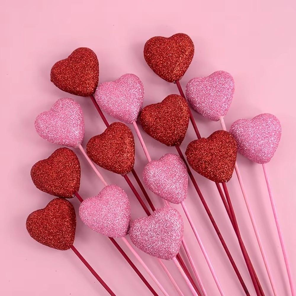 10pcs Reusable Glitter Hearts Stick Foam Flower Bouquet Red Heart Branch DIY Vase Pick Stick Wedding Accessory