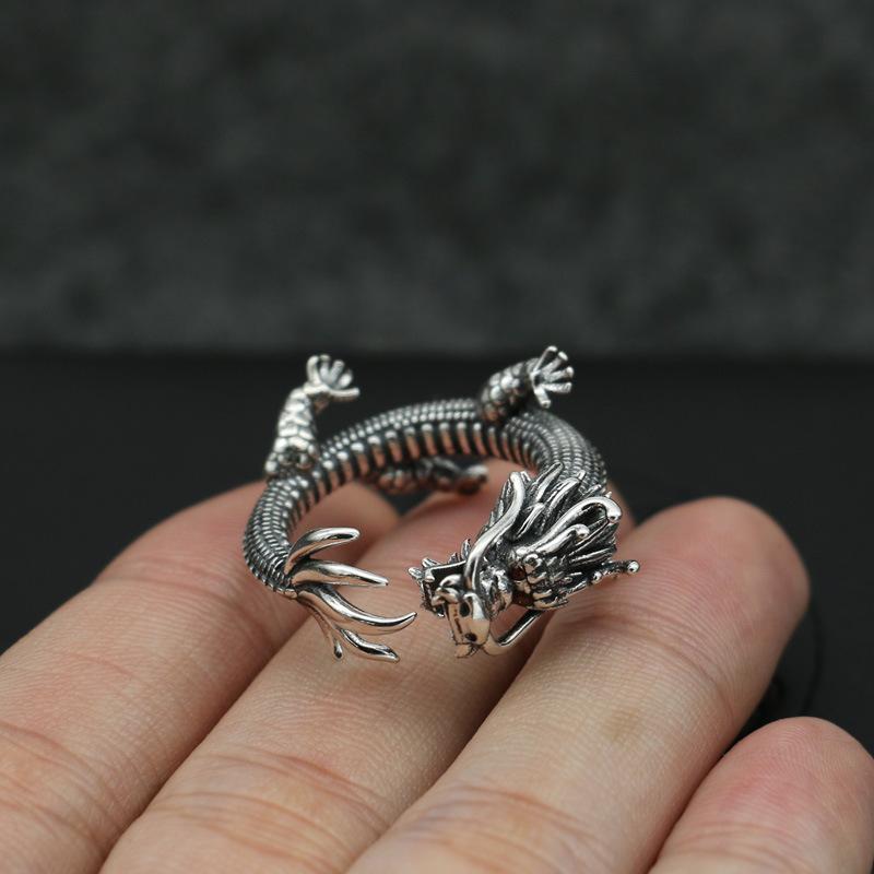 1Pc Retro Thai Silver Ring Male Qinglong Faucet Ring Domineering Personality Chinese Style Jewelry Wenwan Chinese Dragon