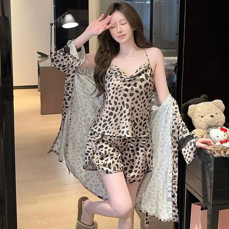 New French ice silk sexy leopard print V-neck pajamas women's summer casual thin suspender trousers loungewear set