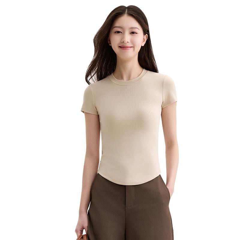 T-shirt Women's Tencel Blended Crew Neck with Chest Pad Breathable Bottom Shirt Versatile Short Sleeve Top Women's Summer