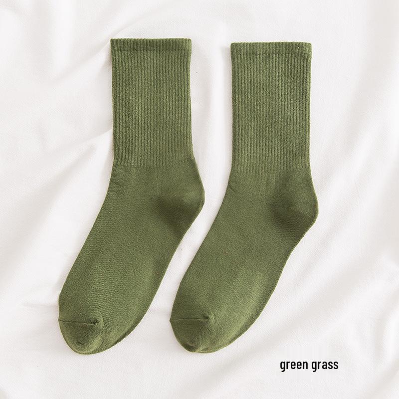 Women's Mid-Calf Cotton Socks - Solid Color, High Elasticity, Versatile Bubble Style for Autumn and Winter.