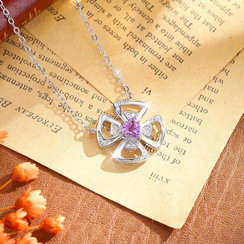 925 Sterling Silber Windmühlen Kleeblatt Halskette, Natürlicher Amethyst Kristall Anhänger, Süßer Trendiger Schmuck Geschenk für Damen Mädchen