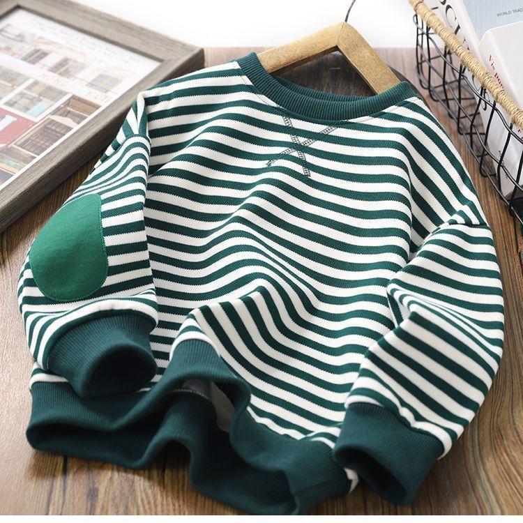 

Autumn and Winter Children s College Style Striped Patch Round Neck Pullover Sweater Plus Velvet Thick Long-sleeved Boys and Girls Top 160