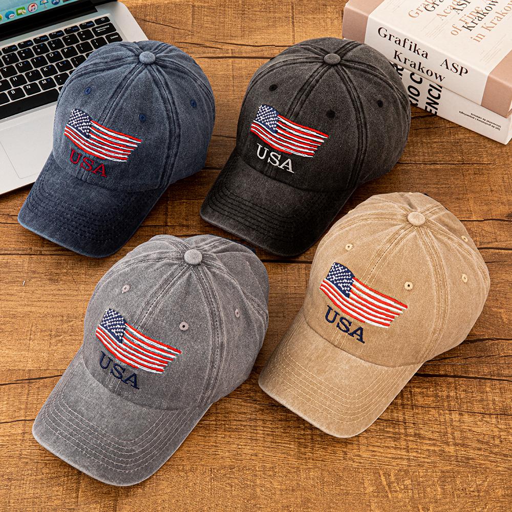 Usa American Flag Embroidered Washed Cotton Baseball Cap For Men Women Vintage Adjustable Dad Hat Patriotic Outdoor