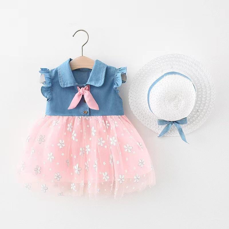Girls Summer Denim And Tulle Spliced Princess Dress Sweet Cute Children Skirt