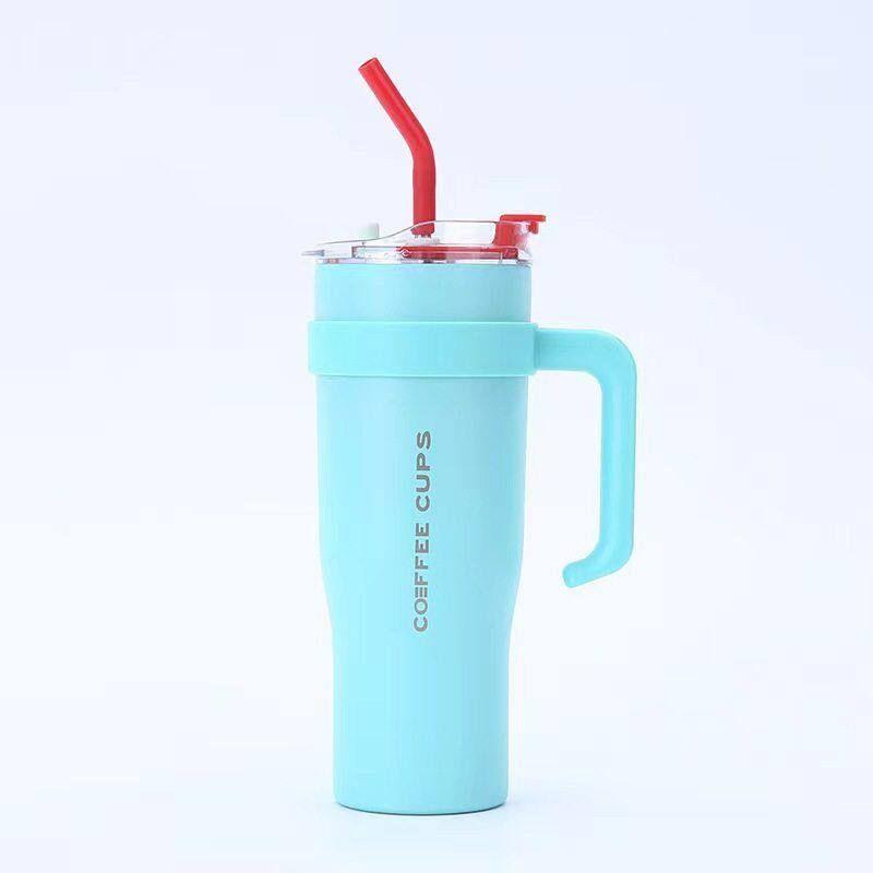 Giant Water Cup Cross-Border 40oz Handle Cup Ice Cup Gradient Cup Stainless Steel Car Straw Large Capacity Thermos Cup Blue+3D Sticker 1200ml