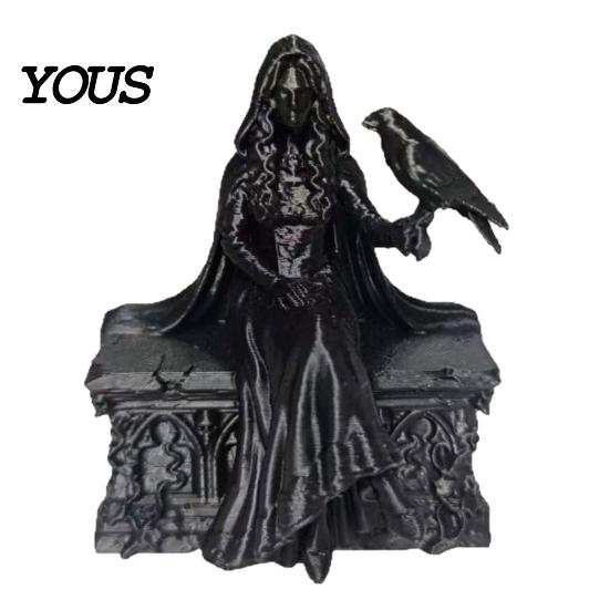 Handheld Detailed Carving 3D Printed Gothic Crow Queen Figurine, Cloaked Robe Statue with Ornate Collectible Crow, Spooky Desktop Ornament for