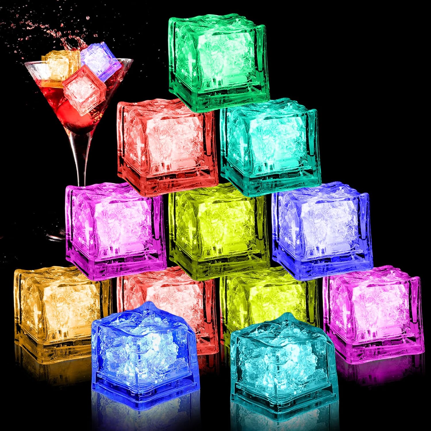 

12pc Waterproof LED Ice Cubes Light Up Ice Cubes Reusable Flashing Glow Ice Cubes Liquid Sensor Glowing Ice Cubes for Drinks Bar 12pcs