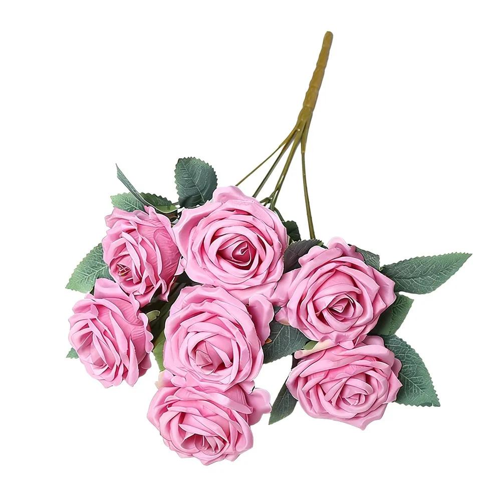 7 Heads Rose Artificial Flower Multicolor Rolled Edge Faux Flower Photo Props Green Leaves Flower Bouquet Wedding Ornament