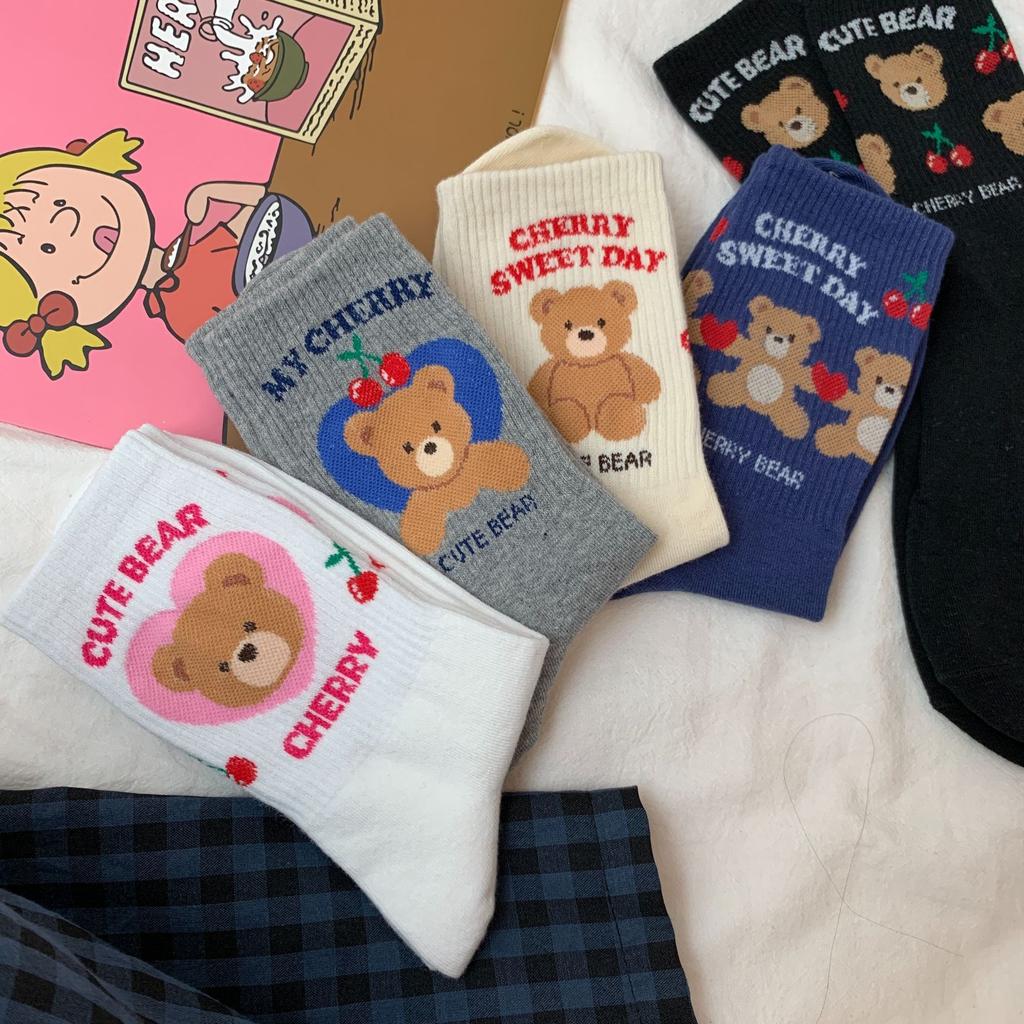 Björnsockor Dam Mellanhöga Trendig Tjej Söt Mönster Illustration Tecknad Par Mellanhöga Sockor