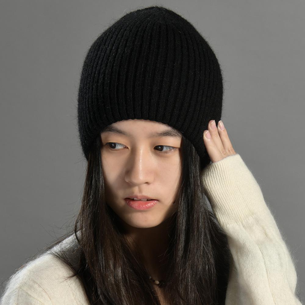 Solid color knitted hat European and American fashion rabbit down straight cold hat simple men's and women's versatile soft waxy double-layer warm woo