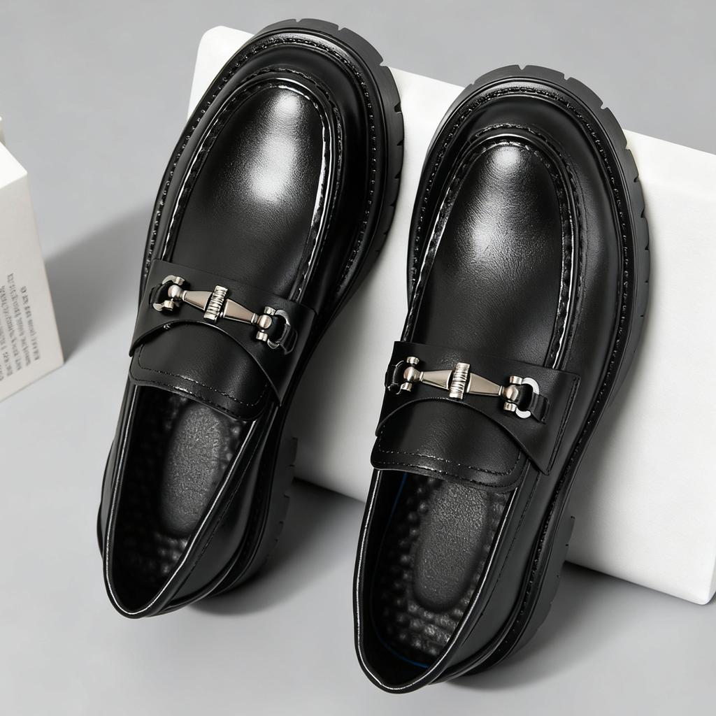 Fashion Classic Thick Sole Men's Penny Loafers Slip-On Business Dress Shoes Gentleman Metal Buckle Formal Black Business Shoes
