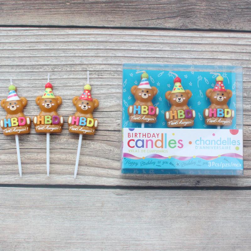 Cartoon 3 Little Bear Birthday Candles HBD Brown Cute Party Hat Little Bear Children's Cake Candle Decoration