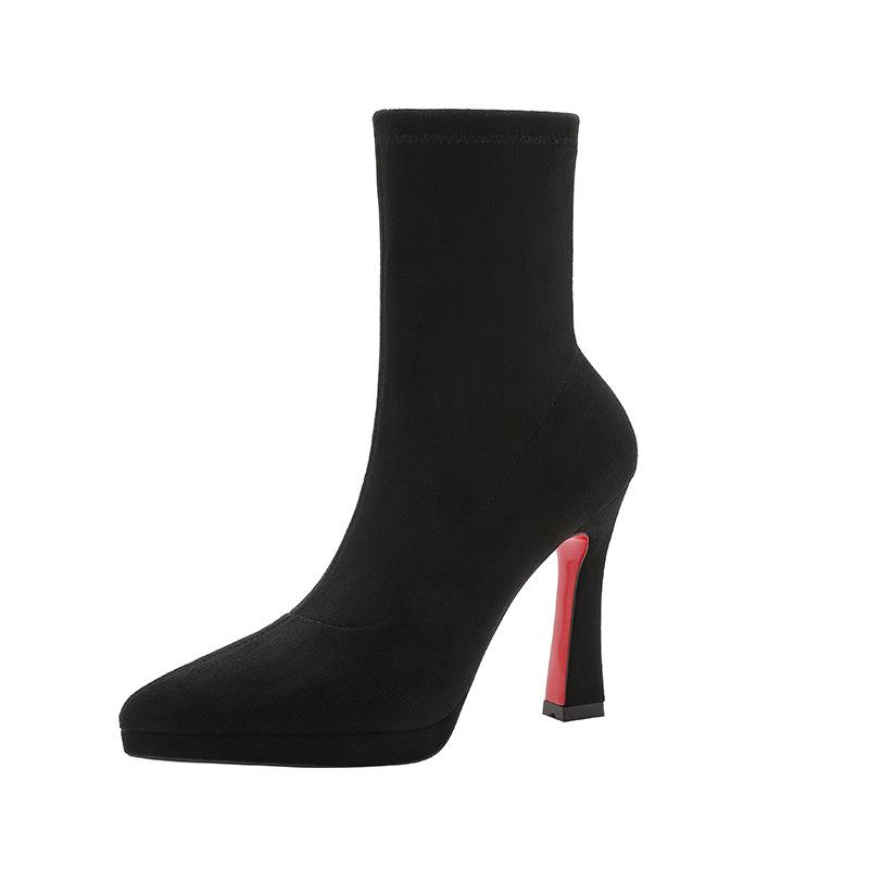 Suede short boots women's winter 2026 new black sexy pointed thin boots waterproof table red sole high heels boots