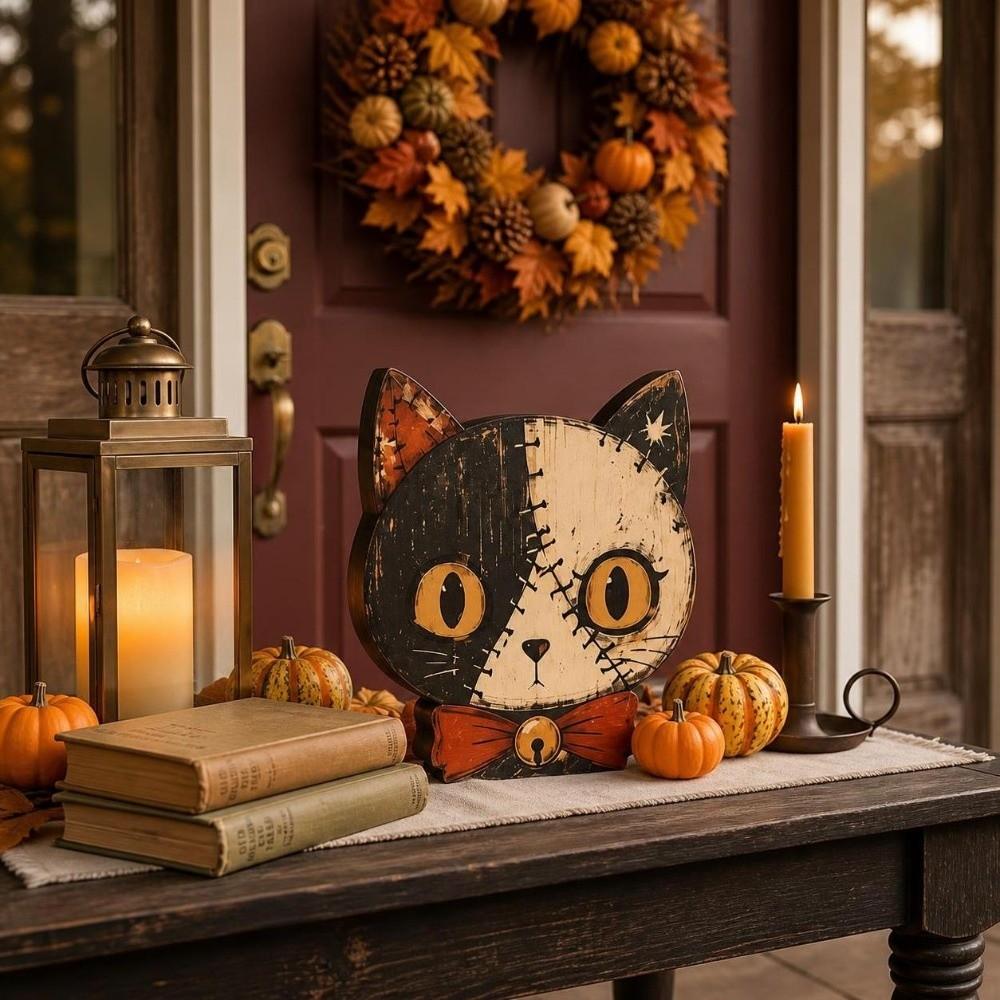 Vintage Retro Wooden Sign Ornament Unique Lightweight Patchwork Cat Decor Cute Cartoon Halloween Wooden Decor Mantel Shelf