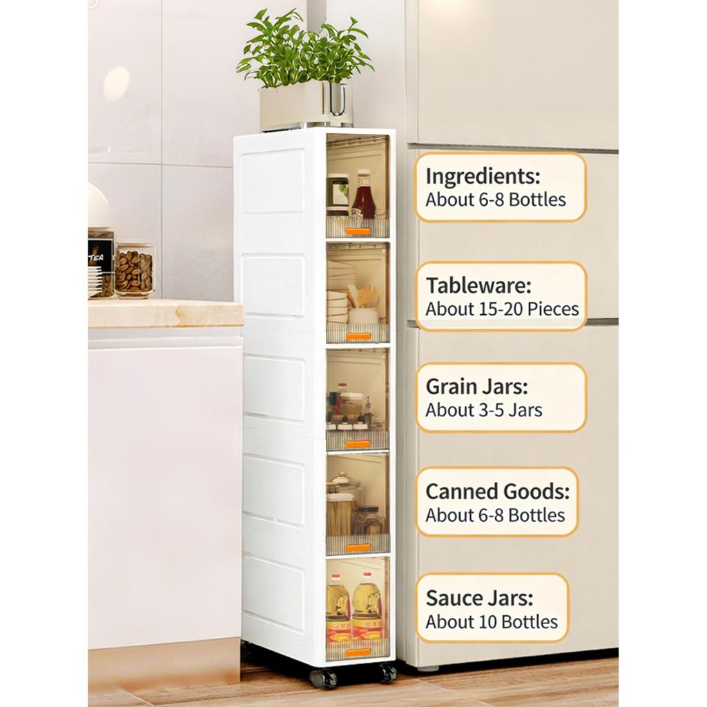 Foldable Narrow Plastic Storage Cabinet with Transparent Door and Detachable Wheels for Storage Box