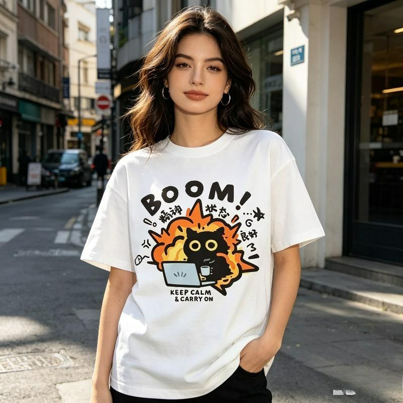 Boom Cat Laptop Print Unisex Tshirt Keep Calm Carry On Funny Cat Graphic Tee Casual Short Sleeveshirt For Streetwear