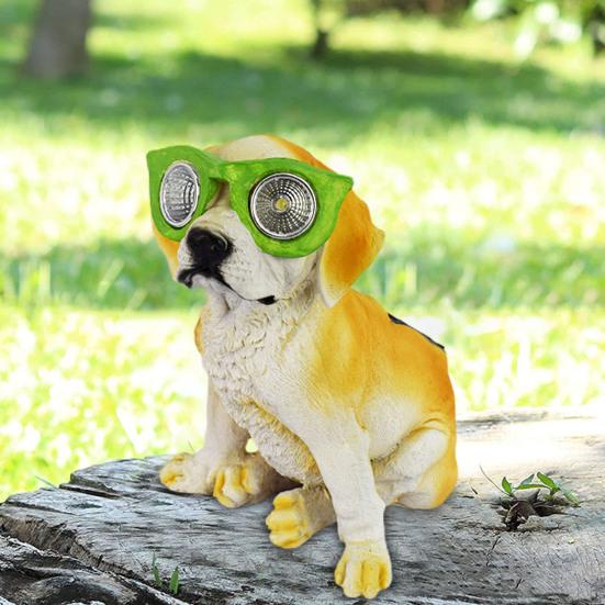 Solar Dog Statue with Glasses Resin Puppy Solar Lamp Garden Decor Solar Powered Dog Light for Home Yard Patio Lawn Pathway