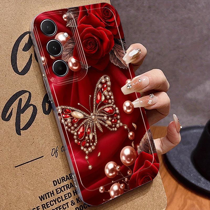 Butterfly Pearl Rose Pattern Phone Case for Samsung Galaxy S26 S25 S24 S23 S21 S20 fe/plus/Ultra Anti Drop Transparent Soft Case