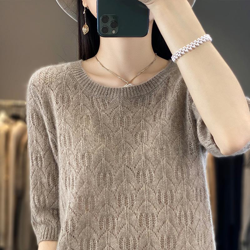 

Полый тонкий вязаный базовый топ на весну и лето, новый, свободный, с вышивкой, модный, универсальный, с круглым вырезом и рукавом пять четвертей XXL