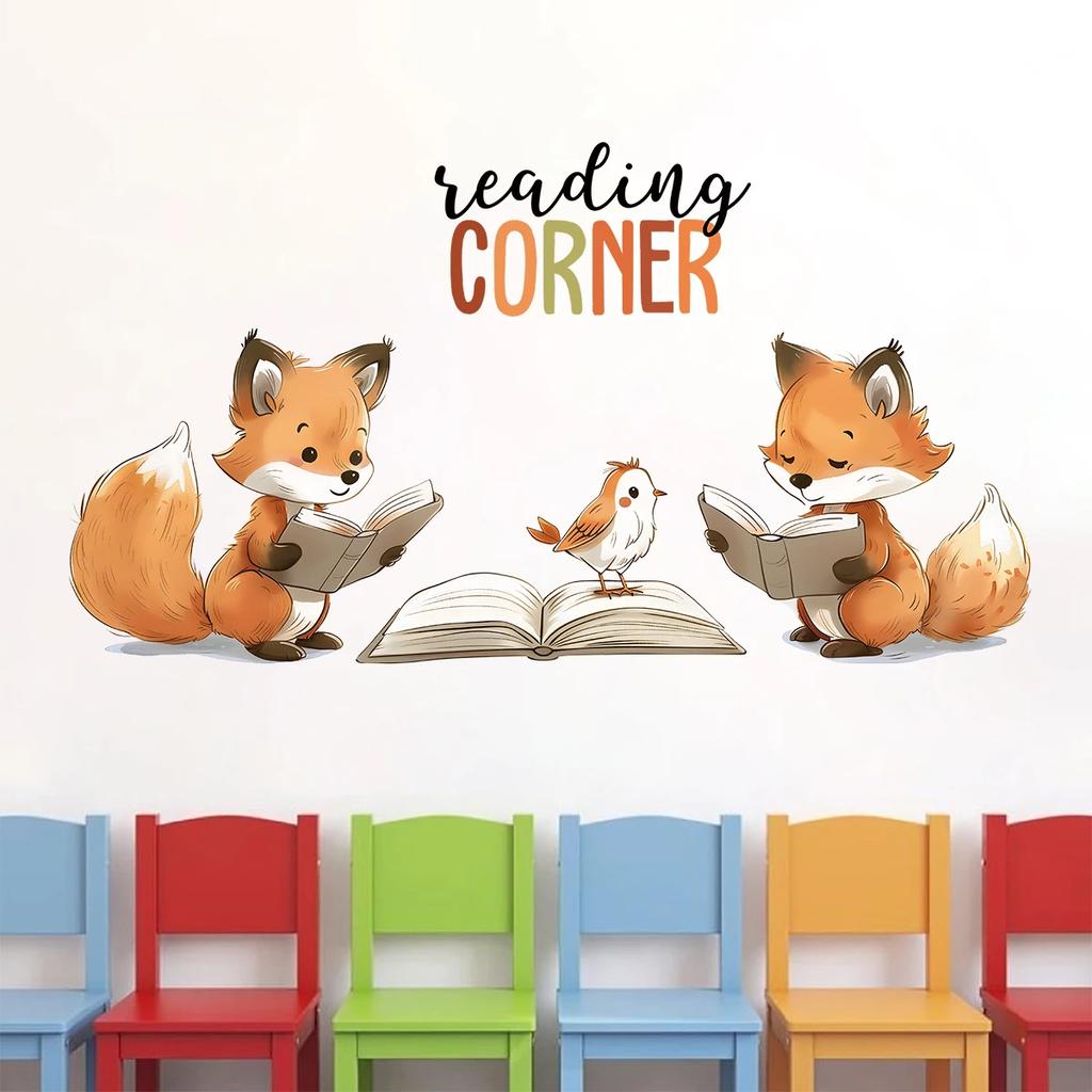 1Pc Cartoon Cute Reading Fox Furniture Wall Stickers Baby Room Home Essentials Kids Room Decor Living Room Decoration Bedroom