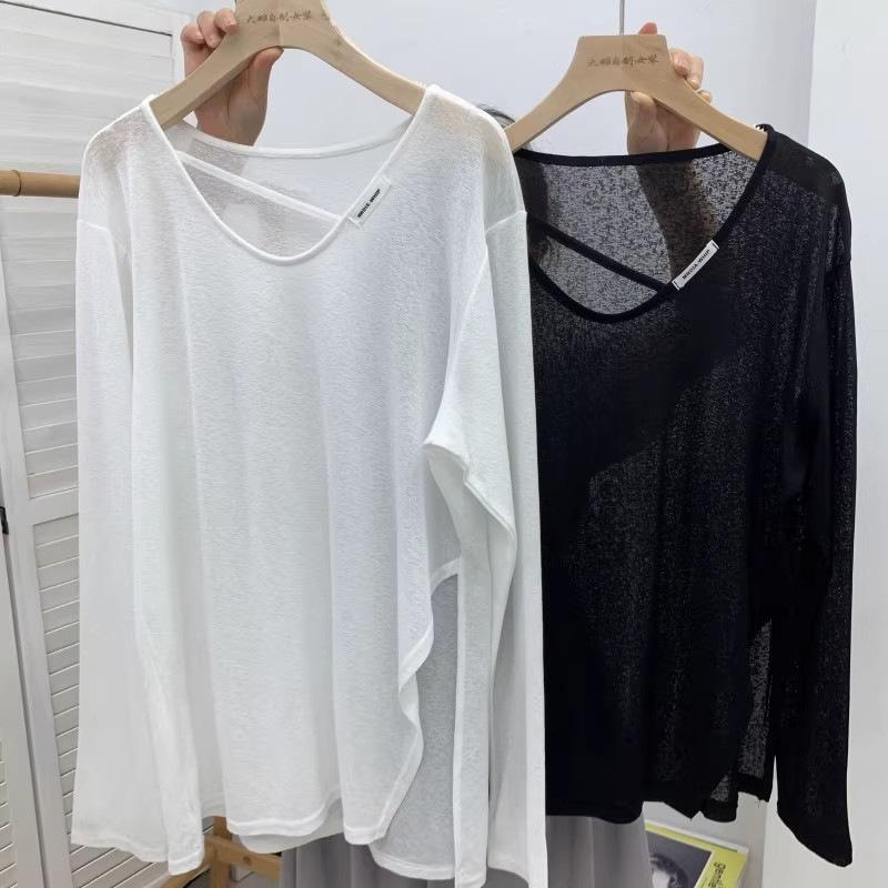 Loose Sun Protection Clothes T-shirts Women's Slit Long Sleeved Versatile Tops Summer