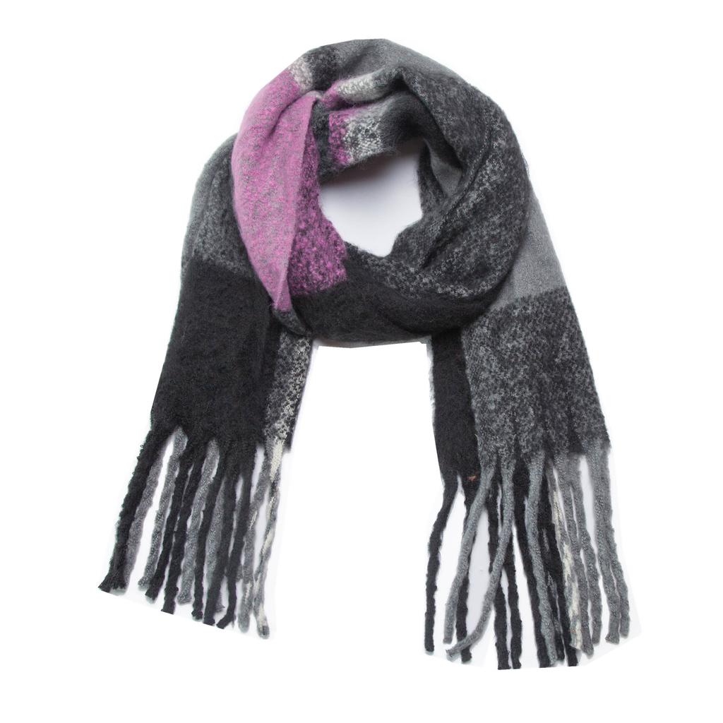 Autumn Winter Imitation Mohair Color Block Plaid Thick Fringe Scarf Shawl