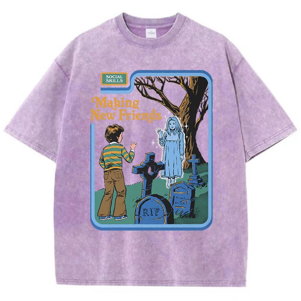Social skills, making new friends, washed vintage women's T-shirt, hip hop breathable, casual loose fit