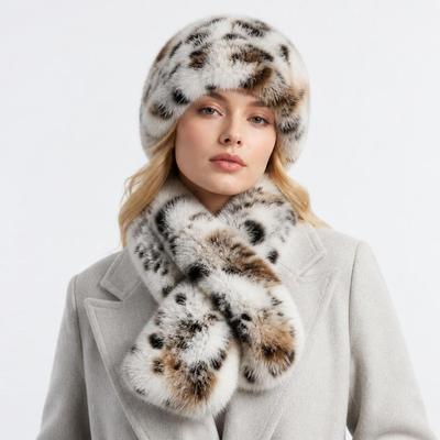 Leopard Faux Fur Hat Scarf Set Soft Plush Winter Hat Set Vintage Beret Hat with Scarf  For Women