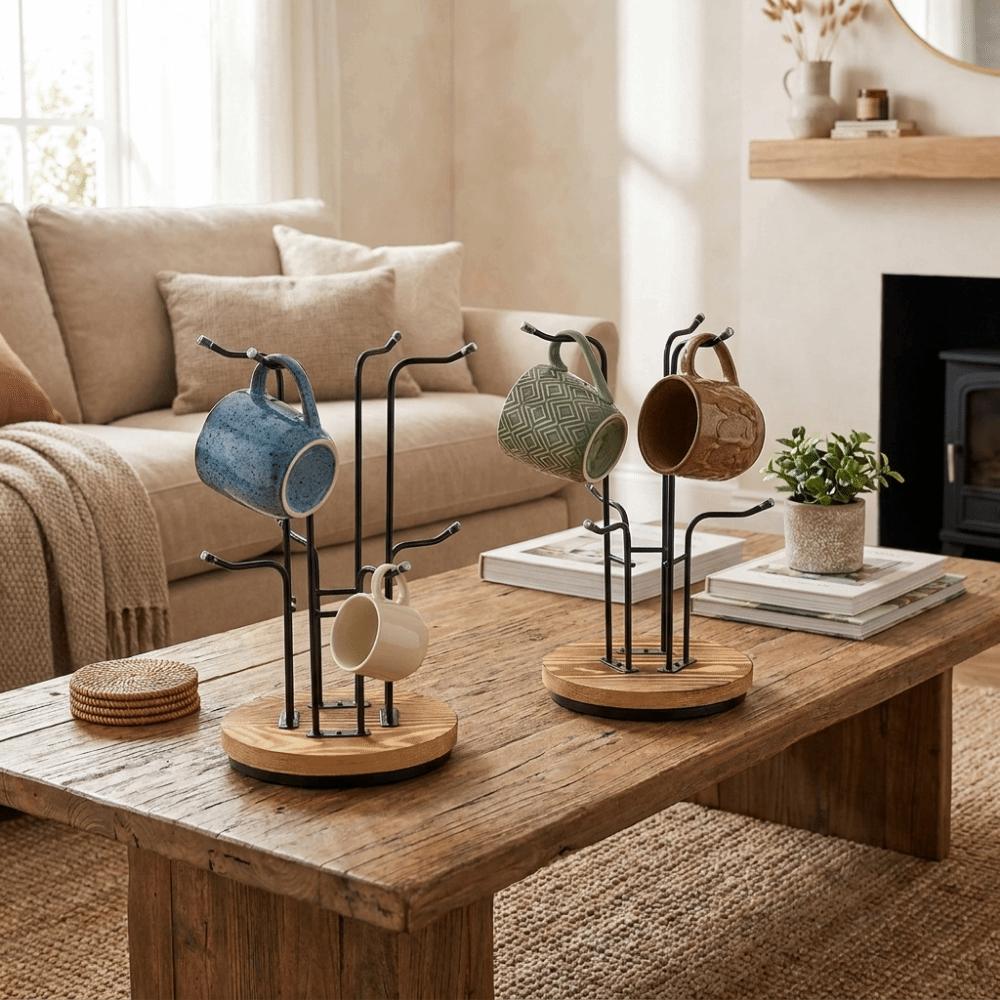 Large Capacity Mug Drying Rack Wooden Cup Tree Rack  for Living Room