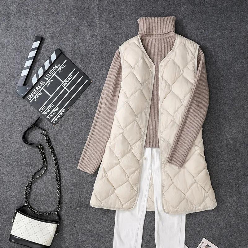 Damen Herbst und Winter Mittellange leichte Daunenjacke Einfarbige Einreihige Jacke mit V-Ausschnitt