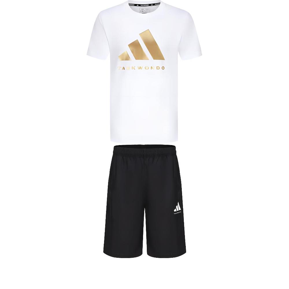 

Adidas Taekwondo Round Neck Pullover Short Sleeve T-Shirt Fashion Simple Breathable Drawstring Shorts Casual Sports Suit ADICLTS24TK-WG+S21ATMSH3T-BW S
