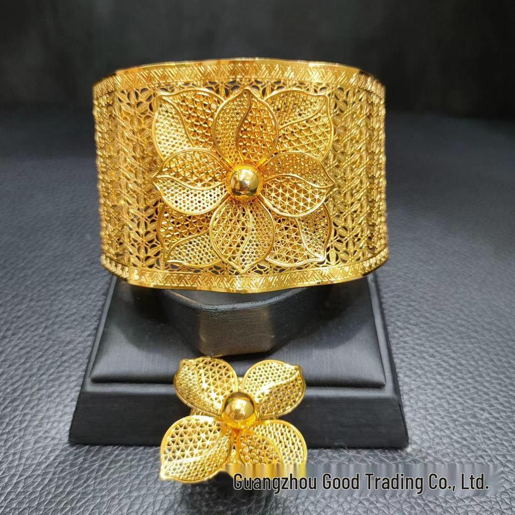 Dubai 24k Vergoldetes Florales Brautschmuckset - Armband & Ring im ethnischen Stil