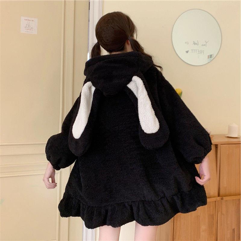 

Japanese Style Soft Girl Rabbit Ear Hooded Sweater - Mid-Length Lambskin Coat for Women (Autumn/Winter 2022) L чорний