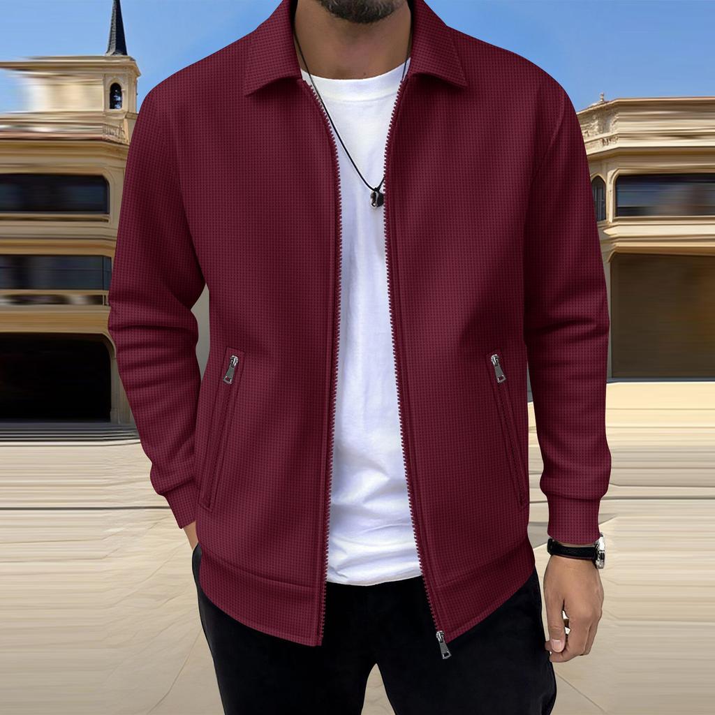 Men's Casual Oversized Solid-Color Pocket Zipper Long-Sleeve Jacket