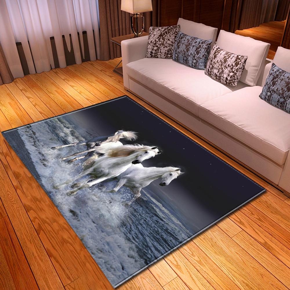 Pferd Wohnzimmerbereichsteppich Großes Pferdedruck 3D Teppich Schlafzimmer Bodenteppiche Salon Kinder Spielen Gamer Teppich Flanell Fußmatte Rutschfest
