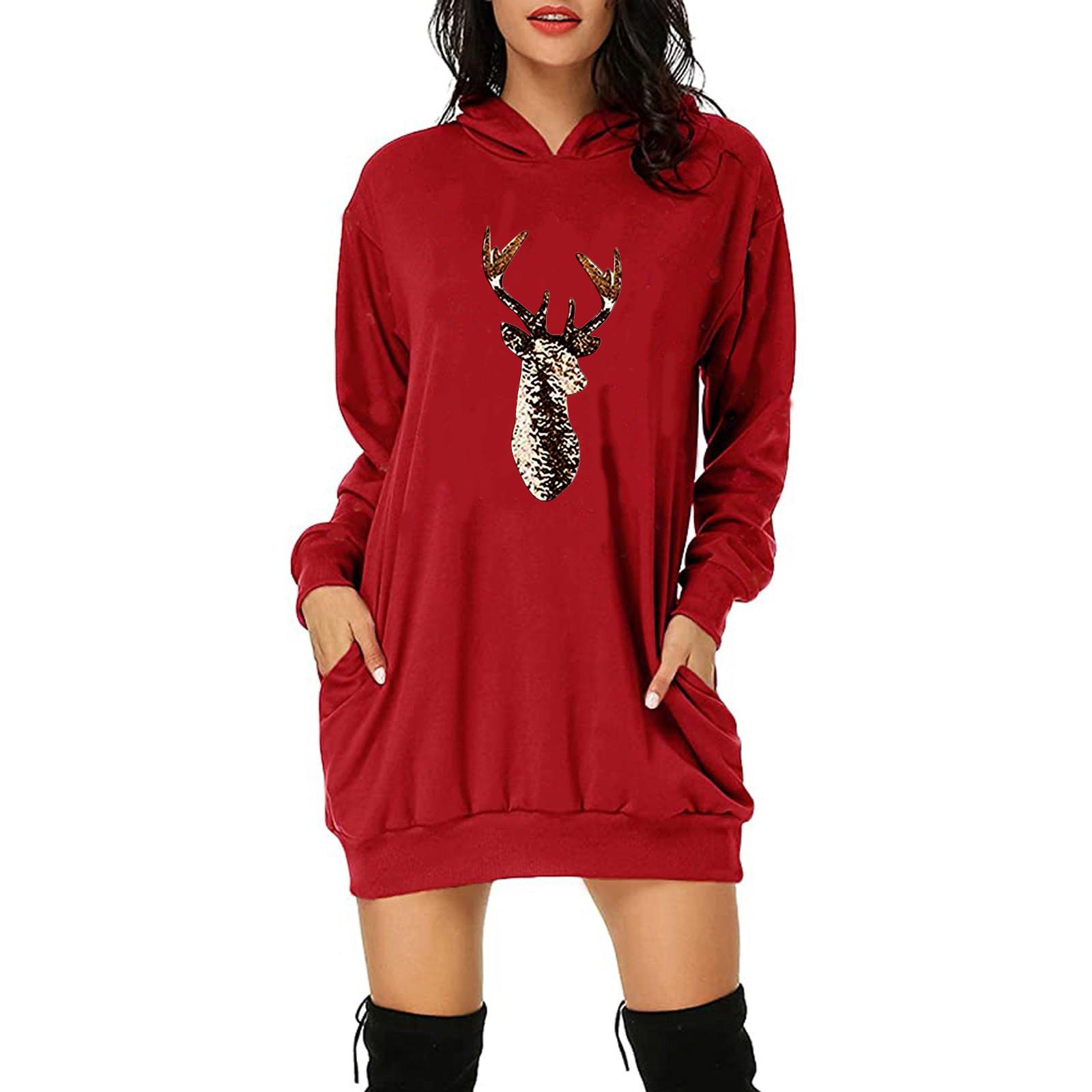 

Fashion Women Christmas Print Hooded Dress Long Sleeves Pockets Sweatshirt Dress L красный