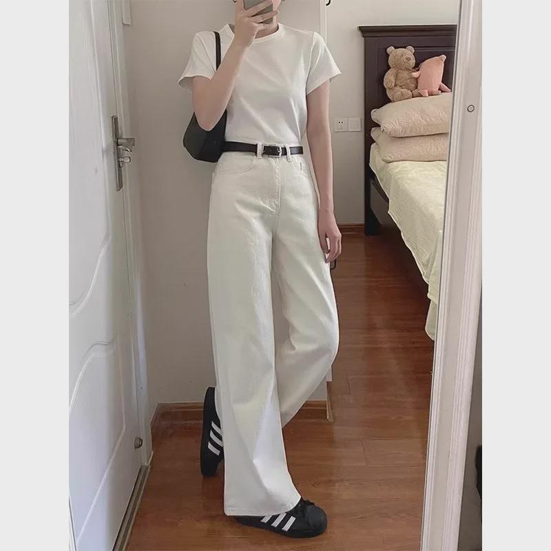 Women's White Velvet High-Waist Wide-Leg Jeans - Winter Slim Loose Fit, Plus Size