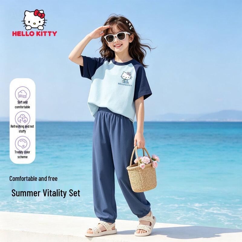 Hello Kitty Girls' Summer Casual Quick-Dry Top & Anti-Mosquito Pants Set