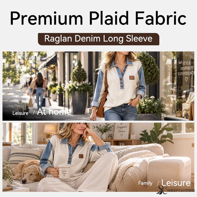 Women's Denim Patchwork Long Sleeve Top Denim Collar and Sleeves Color Block Button Placket Casual Loose Fit Shirt