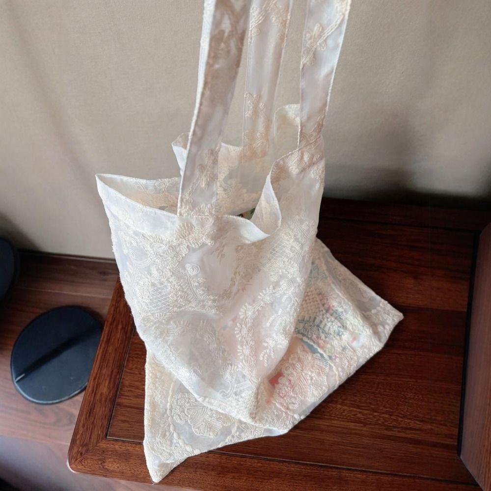 New Soft Embroidered Floral Shoulder Bag Large Capacity Portable Lace Handbag Organza Cloth bag Women