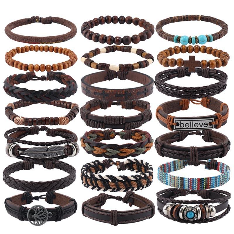 

21 Pcs/ Set Braided Wrap Leather Bracelets for Men Vintage Feather Tree Charm Wood Beads Ethnic Tribal Wristband Rope Bracelet