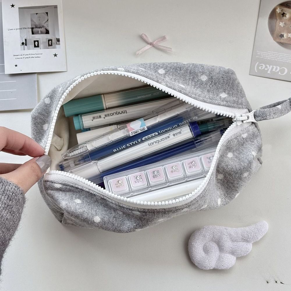 Korean Polka Dot Design Pencil Case Large-capacity Soft Touch Stationery Pouch Pen Bag Gift