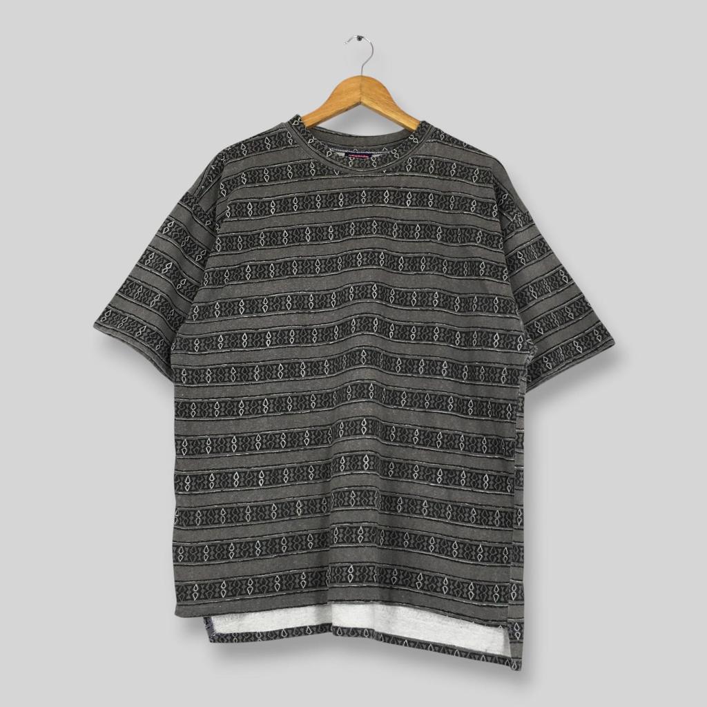 Vintage 90s Hawaiian Liquid Surf Striped T Shirt XLarge Tribal Stripe All Over Print Shirt Retro Grey Geometric Jacquard Border Surf Tee XL