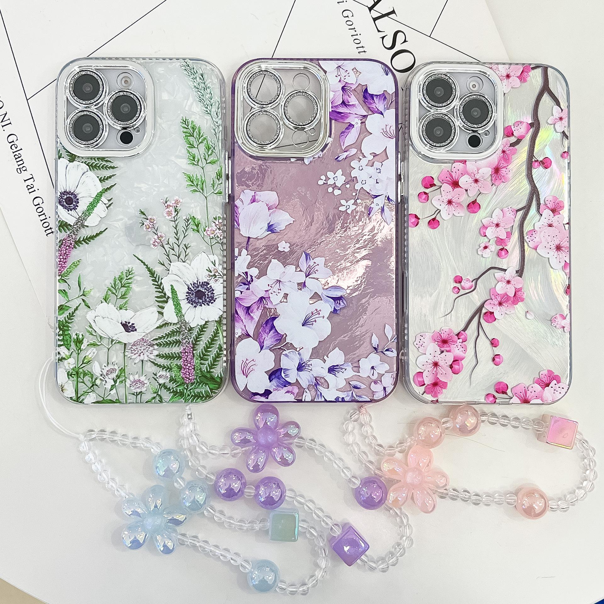 

Suitable for IPhone16E Flower and Grass Phone Case Bracelet, Apple 15promax Glitter Lens Film Electroplated Case iPhone16