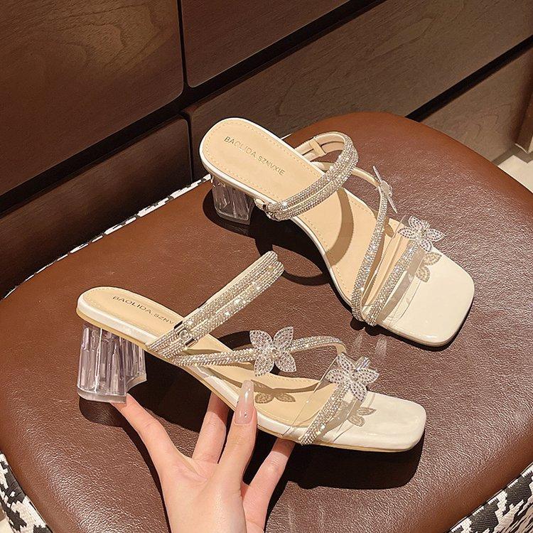 

French transparent fairy wind cool slippers 2025 summer new wear thick heel fashion versatile bow sandals woman 40